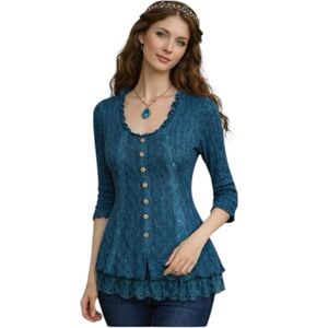 The Pyramid Collection Teal Lace-Trim Henley Blouse Women's Size Small NWOT